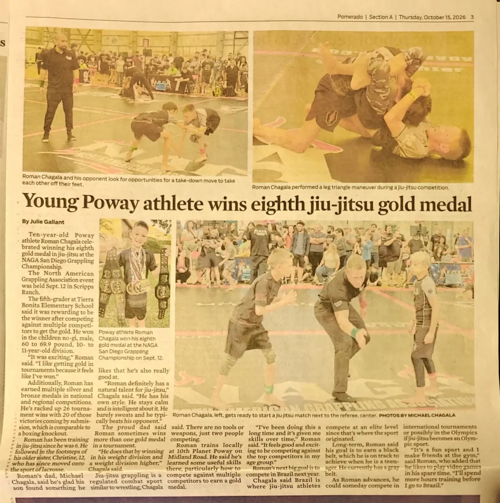 Poway News Chieftain newspaper article about Roman Chagala earning his eighth youth Jiu Jitsu gold medal